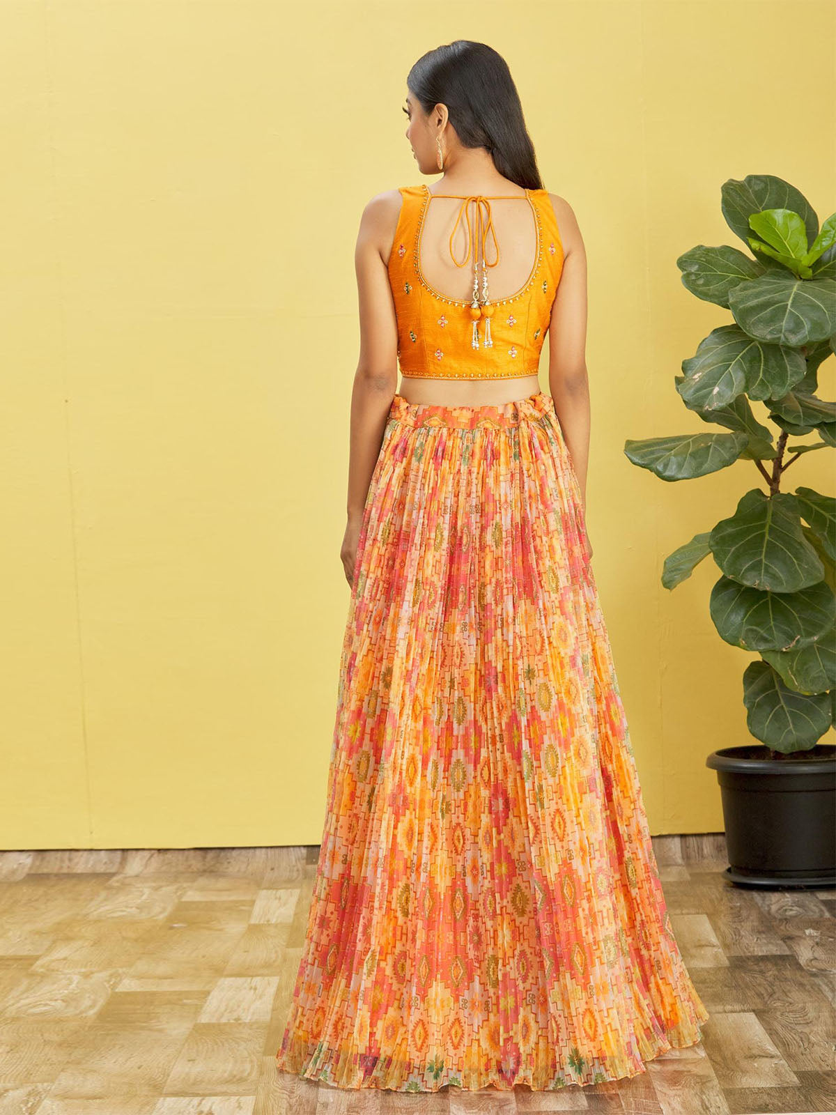 Odette Multicolor Organza Embellished Semi Stitched Lehenga With Unstitched Blouse For Women