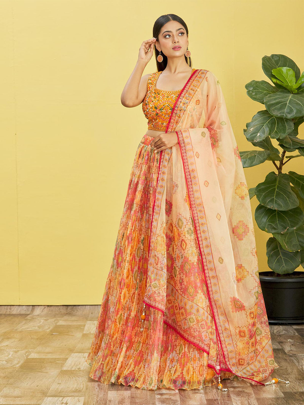 Odette Multicolor Organza Embellished Semi Stitched Lehenga With Unstitched Blouse For Women