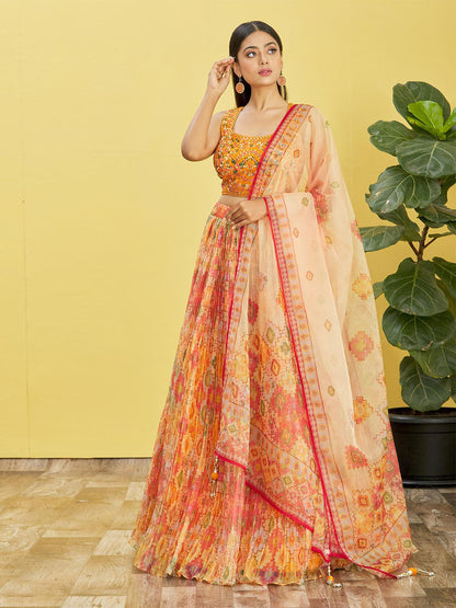 Odette Multicolor Organza Embellished Semi Stitched Lehenga With Unstitched Blouse For Women