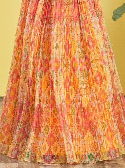 Odette Multicolor Organza Embellished Semi Stitched Lehenga With Unstitched Blouse For Women