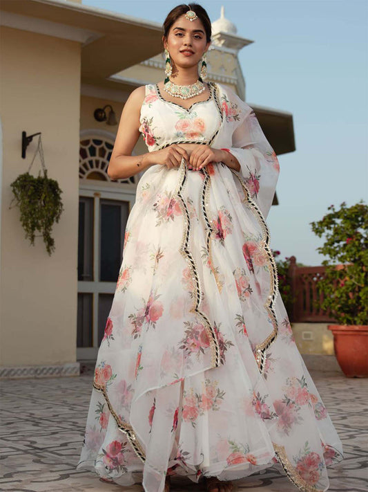 Odette White Organza Printed Semi Stitched Lehenga With Unstitched Blouse For Women