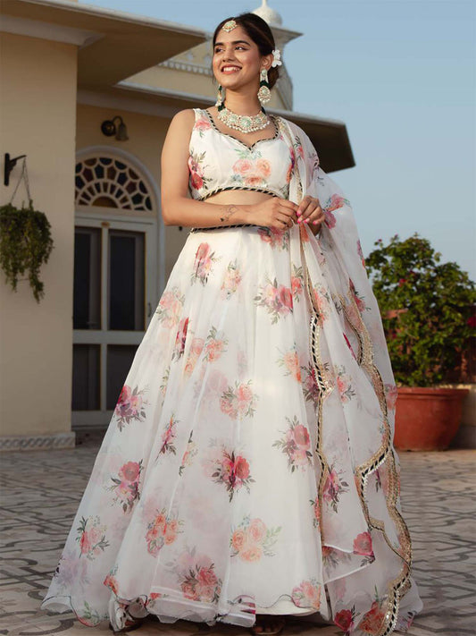 Odette White Organza Printed Semi Stitched Lehenga With Unstitched Blouse For Women
