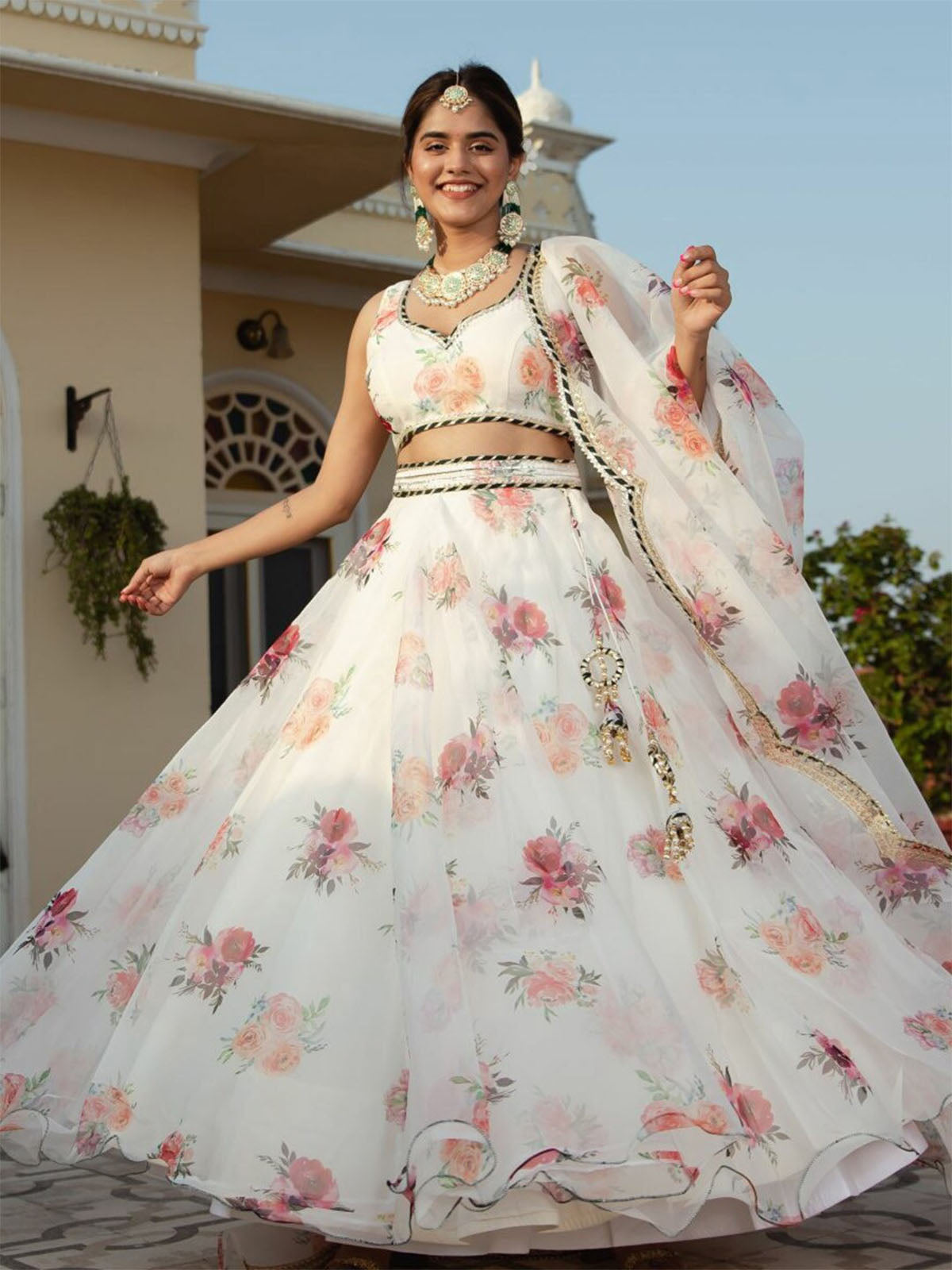 Odette White Organza Printed Semi Stitched Lehenga With Unstitched Blouse For Women