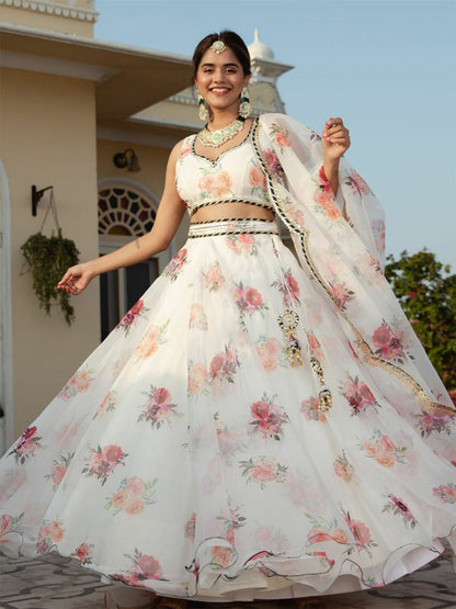 Odette White Organza Printed Semi Stitched Lehenga With Unstitched Blouse For Women