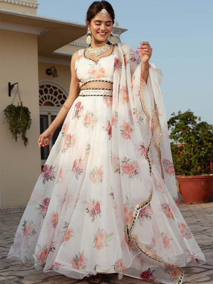Odette White Organza Printed Semi Stitched Lehenga With Unstitched Blouse For Women