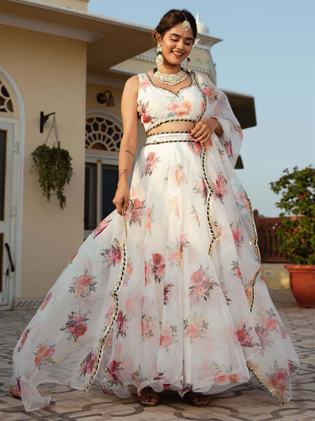 Odette White Organza Printed Semi Stitched Lehenga With Unstitched Blouse For Women