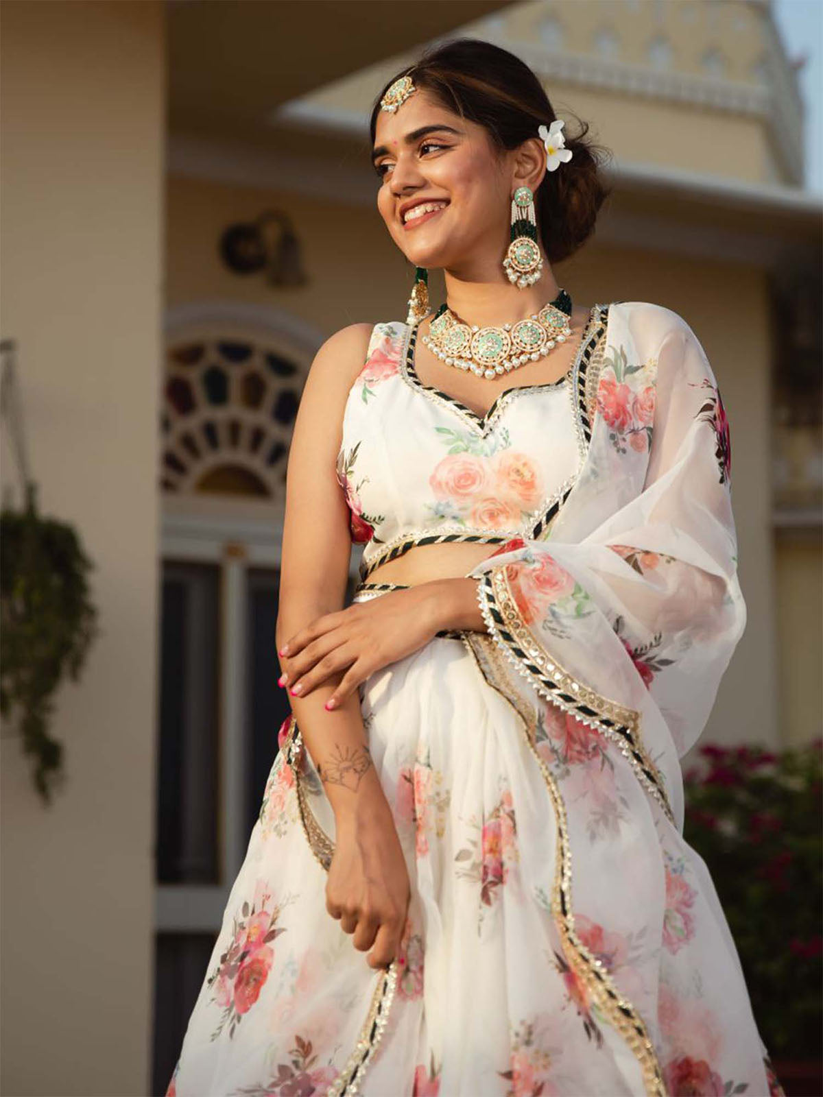 Odette White Organza Printed Semi Stitched Lehenga With Unstitched Blouse For Women