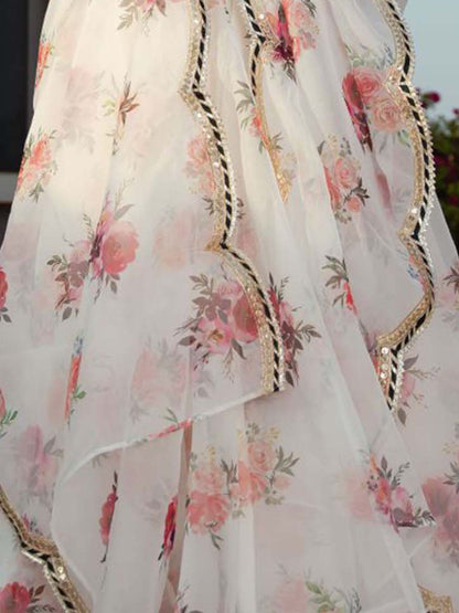 Odette White Organza Printed Semi Stitched Lehenga With Unstitched Blouse For Women