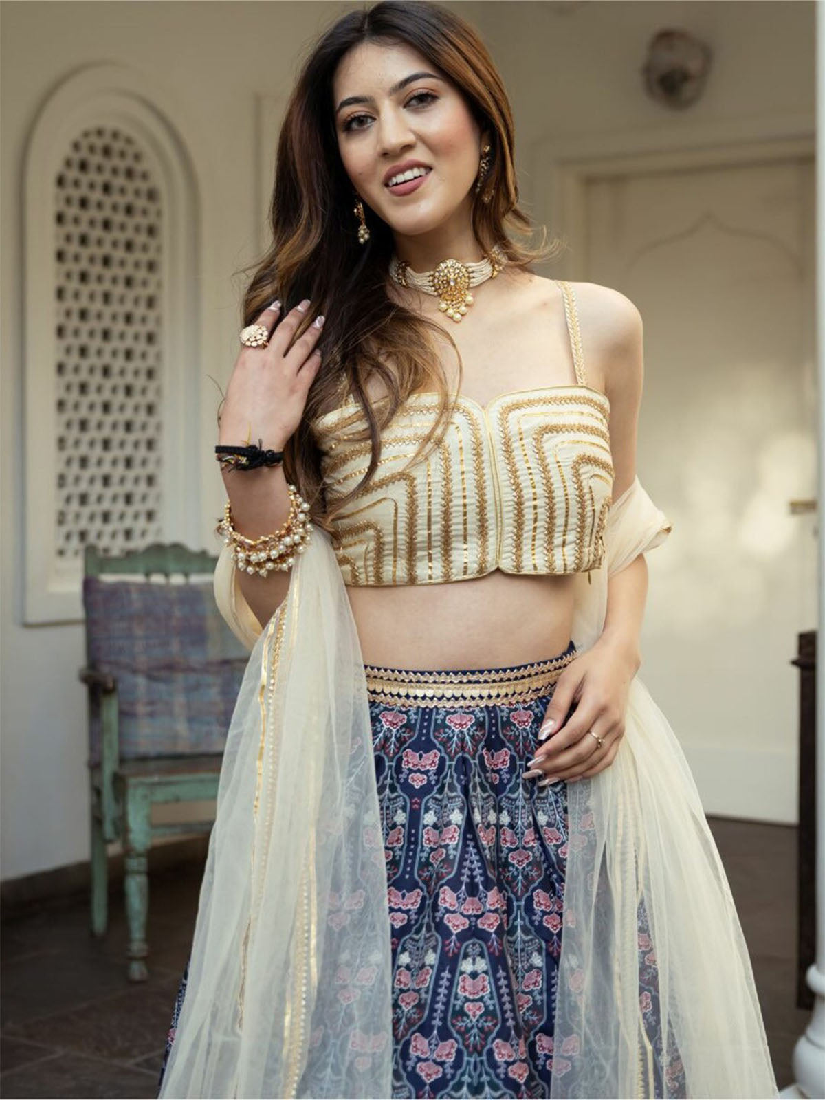 Odette Blue Art Silk Printed Semi Stitched Lehenga With Unstitched Blouse For Women