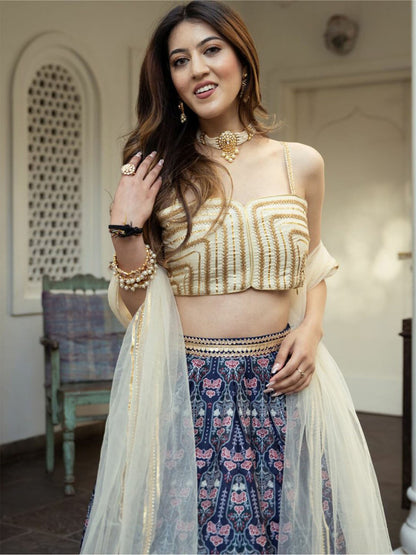 Odette Blue Art Silk Printed Semi Stitched Lehenga With Unstitched Blouse For Women