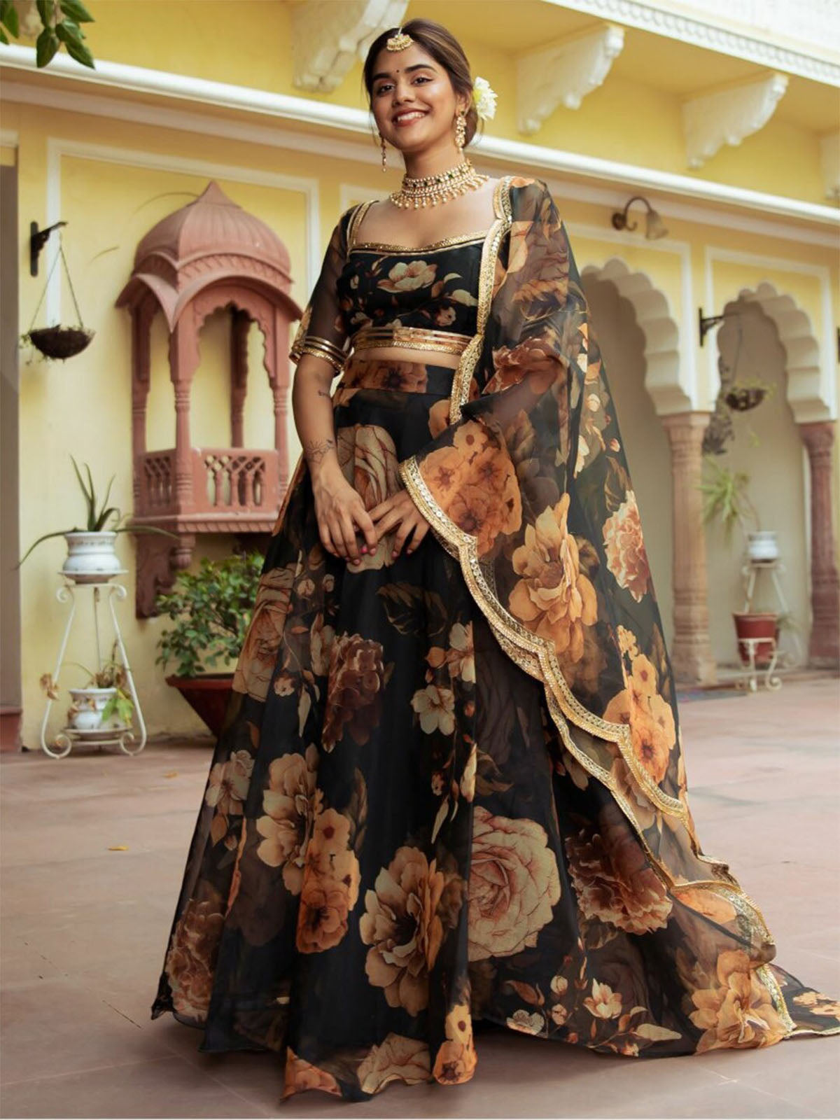 Odette Black Organza Printed Semi Stitched Lehenga With Unstitched Blouse For Women