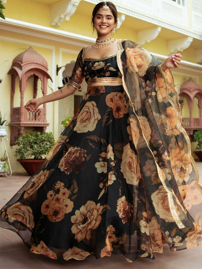Odette Black Organza Printed Semi Stitched Lehenga With Unstitched Blouse For Women