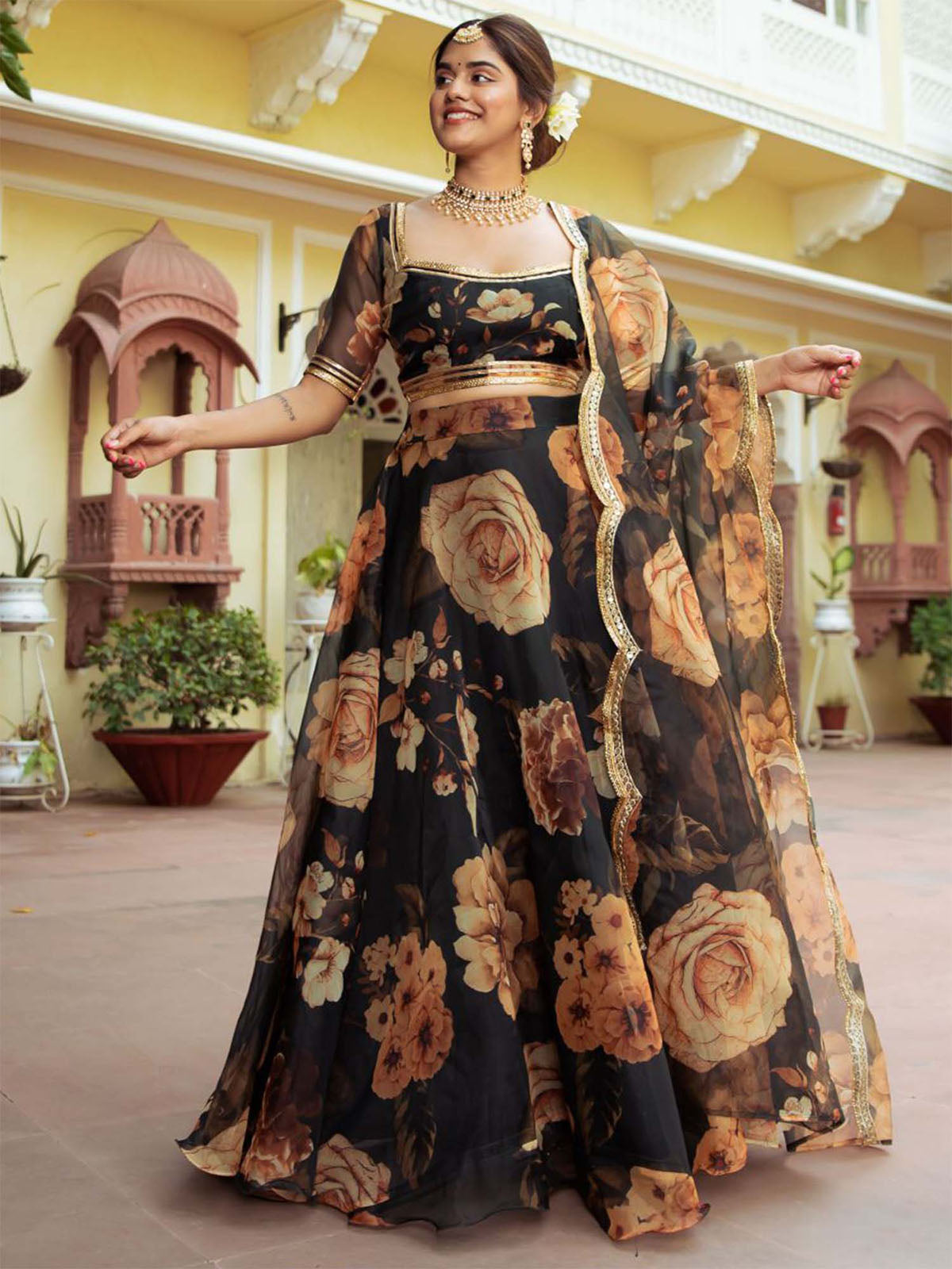 Odette Black Organza Printed Semi Stitched Lehenga With Unstitched Blouse For Women