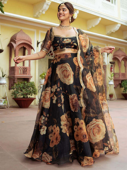 Odette Black Organza Printed Semi Stitched Lehenga With Unstitched Blouse For Women
