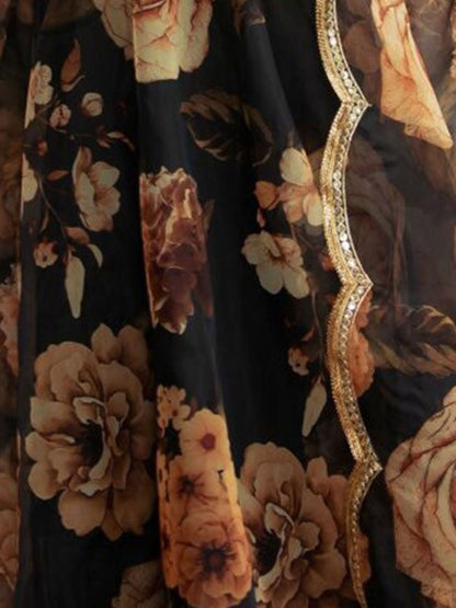 Odette Black Organza Printed Semi Stitched Lehenga With Unstitched Blouse For Women