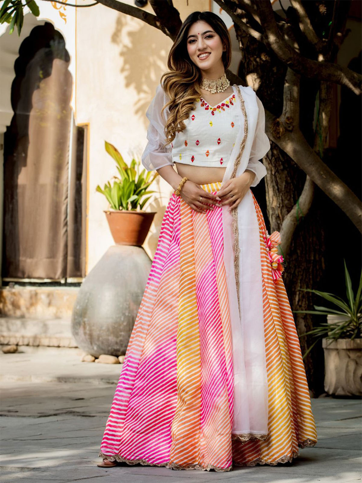 Odette Multicolor Organza Printed Semi Stitched Lehenga With Unstitched Blouse For Women