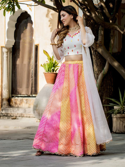 Odette Multicolor Organza Printed Semi Stitched Lehenga With Unstitched Blouse For Women