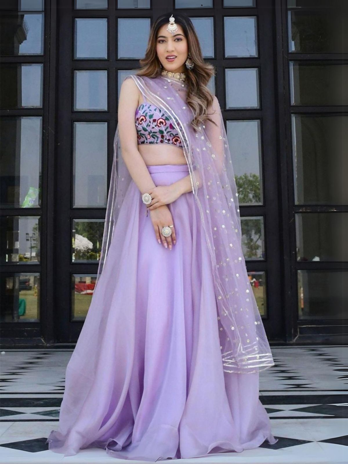 Odette Lavender Organza Net Solid Semi Stitched Lehenga With Unstitched Blouse For Women