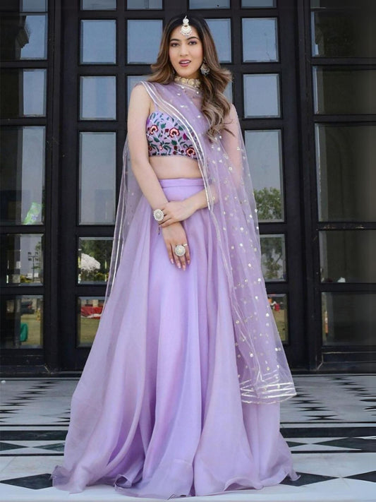 Odette Lavender Organza Net Solid Semi Stitched Lehenga With Unstitched Blouse For Women