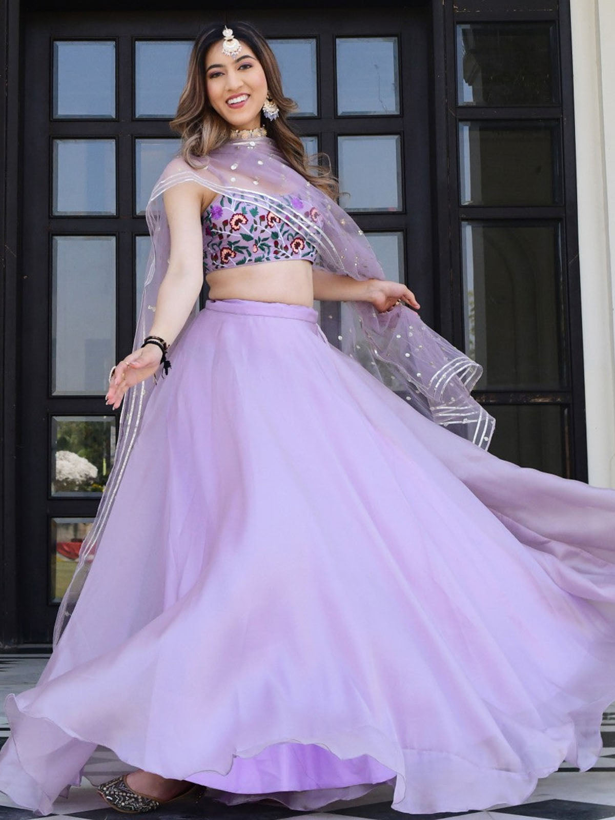 Odette Lavender Organza Net Solid Semi Stitched Lehenga With Unstitched Blouse For Women