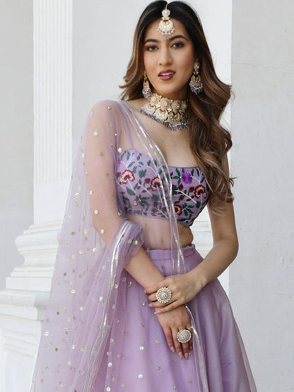 Odette Lavender Organza Net Solid Semi Stitched Lehenga With Unstitched Blouse For Women