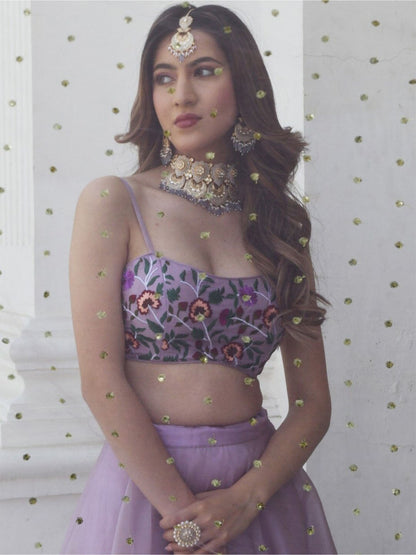 Odette Lavender Organza Net Solid Semi Stitched Lehenga With Unstitched Blouse For Women