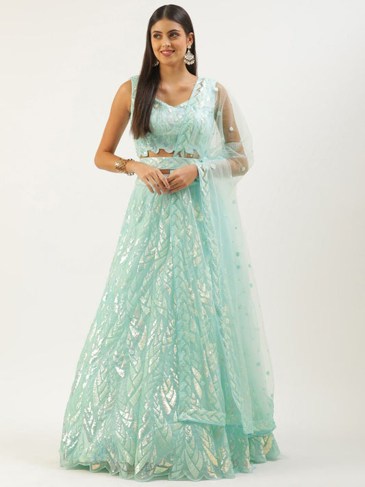 Odette Light Blue Soft Net Embellished Semi Stitched Lehenga With Unstitched Blouse For Women