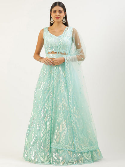 Odette Light Blue Soft Net Embellished Semi Stitched Lehenga With Unstitched Blouse For Women