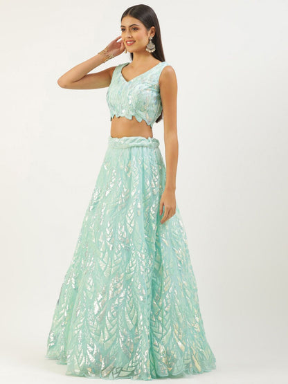Odette Light Blue Soft Net Embellished Semi Stitched Lehenga With Unstitched Blouse For Women
