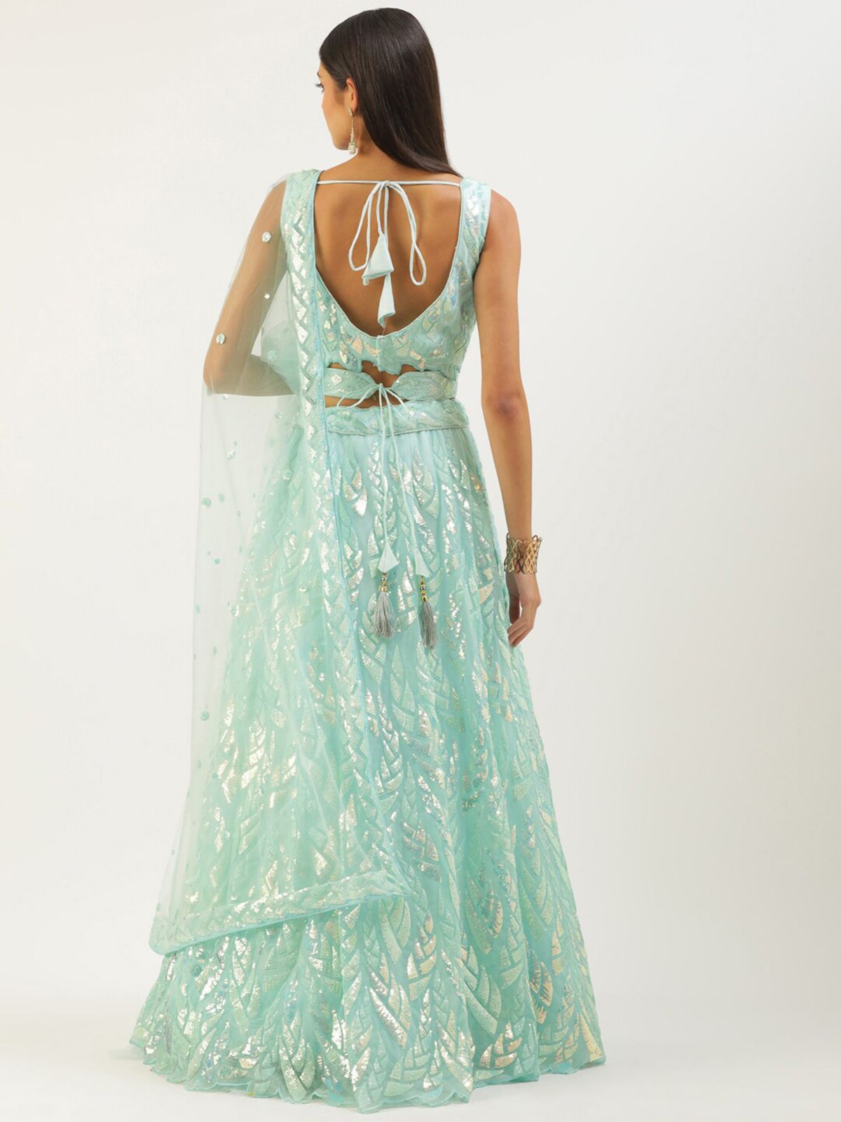 Odette Light Blue Soft Net Embellished Semi Stitched Lehenga With Unstitched Blouse For Women