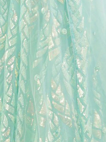 Odette Light Blue Soft Net Embellished Semi Stitched Lehenga With Unstitched Blouse For Women