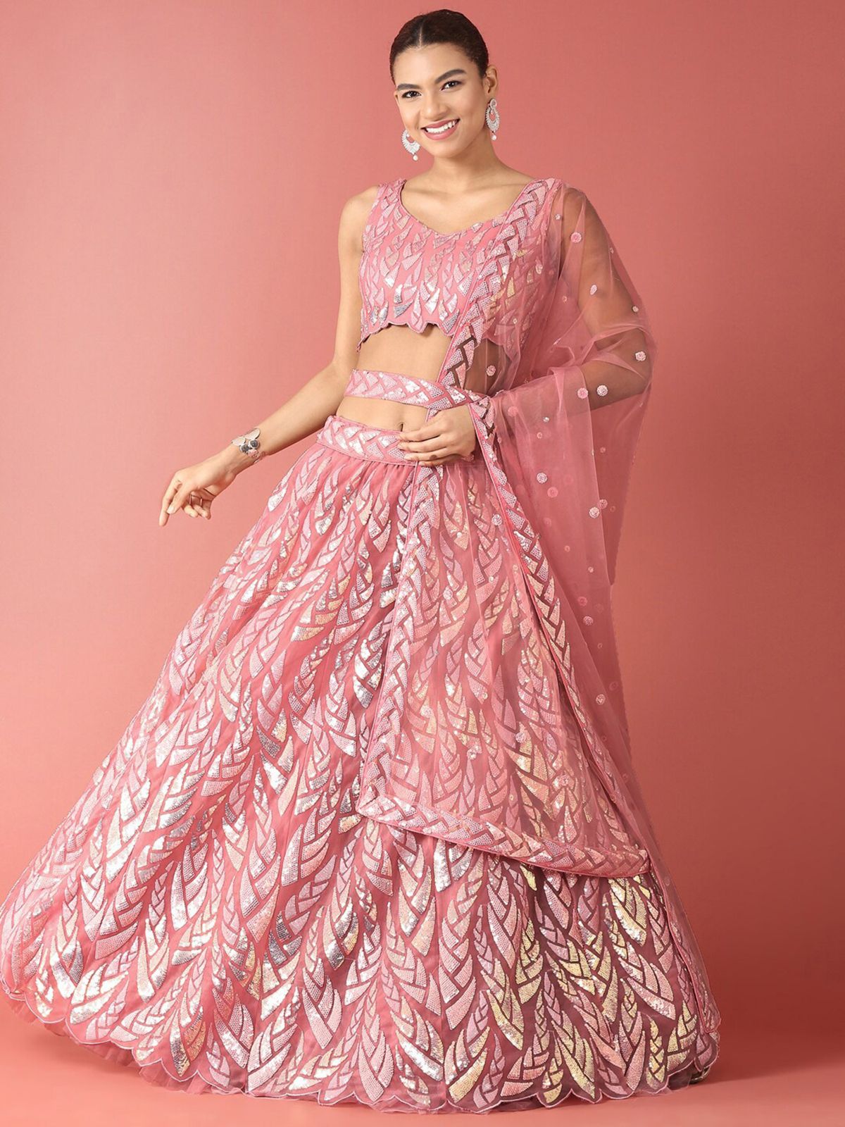 Odette Light Pink Soft Net Embellished Semi Stitched Lehenga With Unstitched Blouse For Women