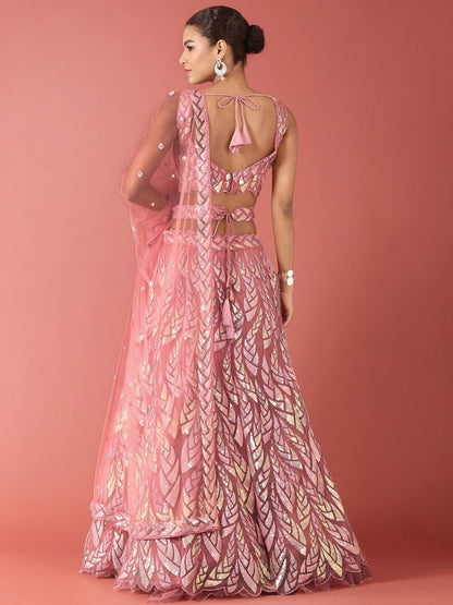 Odette Light Pink Soft Net Embellished Semi Stitched Lehenga With Unstitched Blouse For Women
