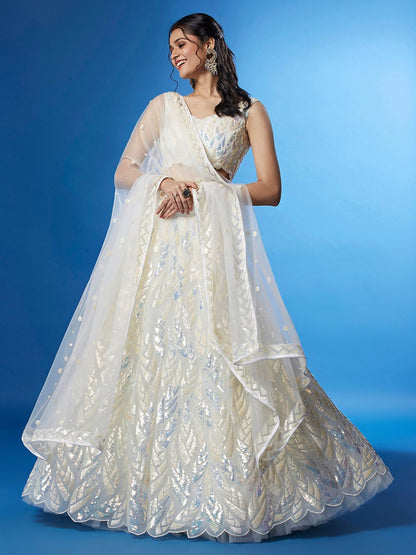 Odette White Soft Net Embellished Semi Stitched Lehenga With Unstitched Blouse For Women