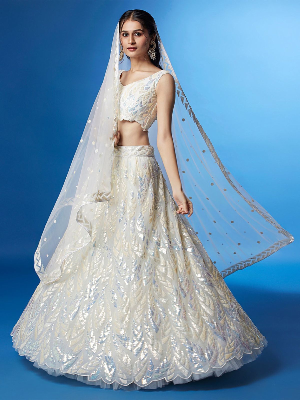 Odette White Soft Net Embellished Semi Stitched Lehenga With Unstitched Blouse For Women