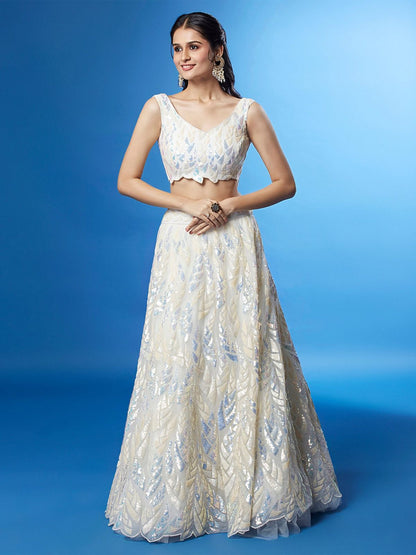 Odette White Soft Net Embellished Semi Stitched Lehenga With Unstitched Blouse For Women