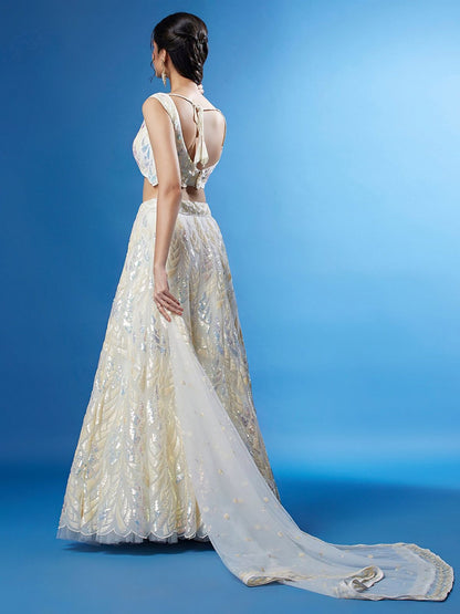 Odette White Soft Net Embellished Semi Stitched Lehenga With Unstitched Blouse For Women