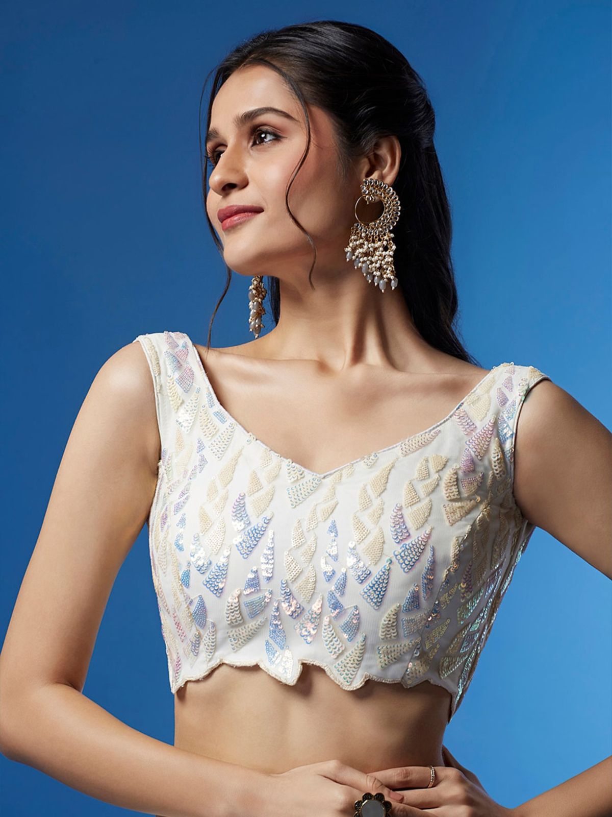 Odette White Soft Net Embellished Semi Stitched Lehenga With Unstitched Blouse For Women