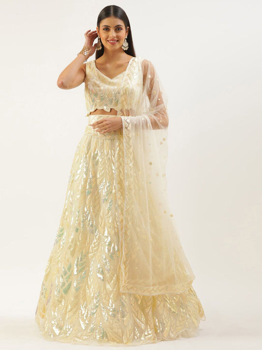 Odette Light Yellow Soft Net Embellished Semi Stitched Lehenga With Unstitched Blouse For Women