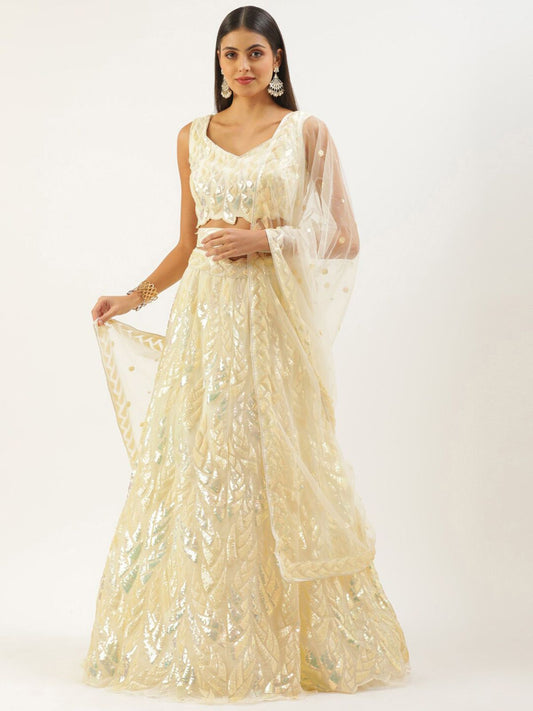 Odette Light Yellow Soft Net Embellished Semi Stitched Lehenga With Unstitched Blouse For Women