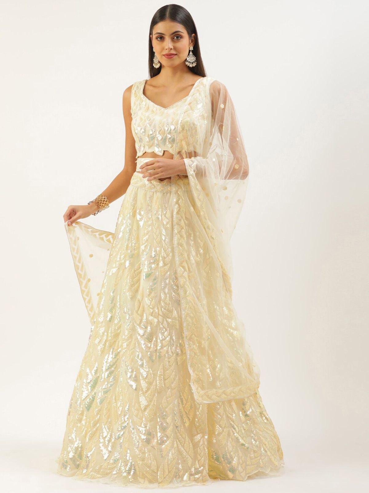 Odette Light Yellow Soft Net Embellished Semi Stitched Lehenga With Unstitched Blouse For Women