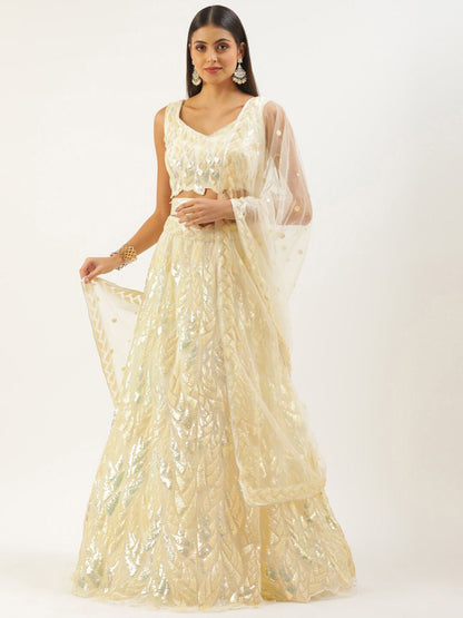 Odette Light Yellow Soft Net Embellished Semi Stitched Lehenga With Unstitched Blouse For Women
