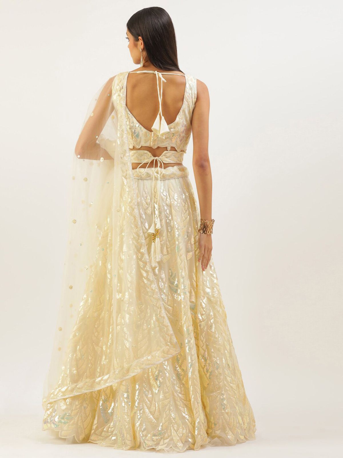 Odette Light Yellow Soft Net Embellished Semi Stitched Lehenga With Unstitched Blouse For Women