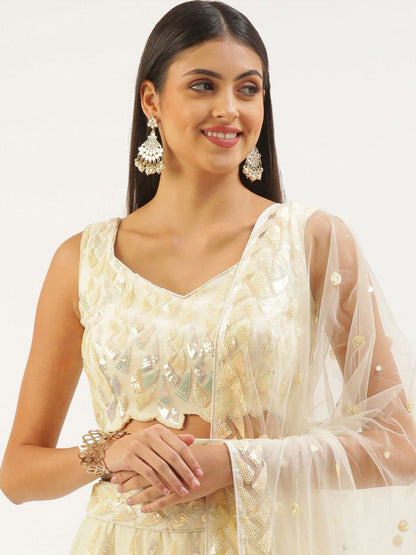 Odette Light Yellow Soft Net Embellished Semi Stitched Lehenga With Unstitched Blouse For Women