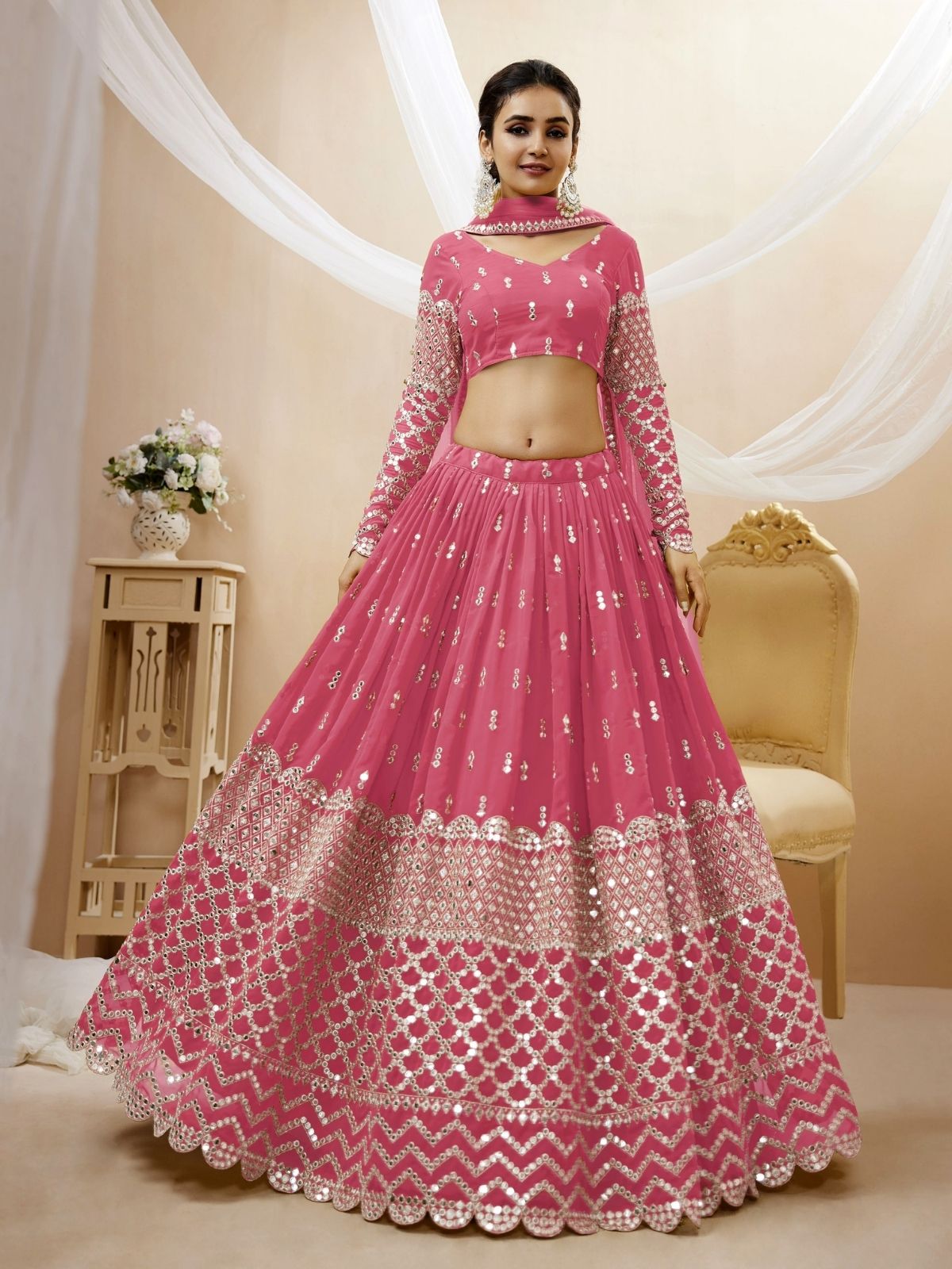 Odette Pink Georgette Embroidered Semi Stitched Lehenga With Unstitched Blouse For Women