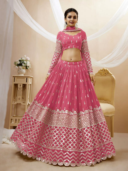 Odette Pink Georgette Embroidered Semi Stitched Lehenga With Unstitched Blouse For Women