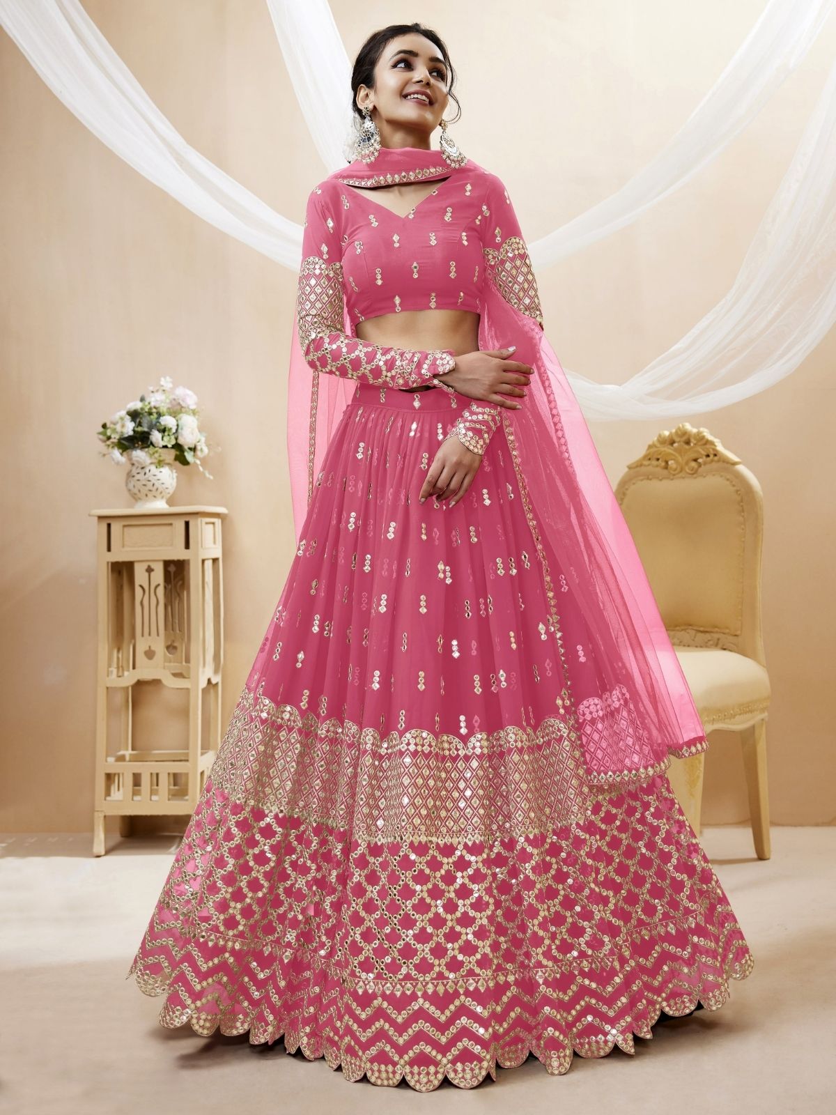 Odette Pink Georgette Embroidered Semi Stitched Lehenga With Unstitched Blouse For Women