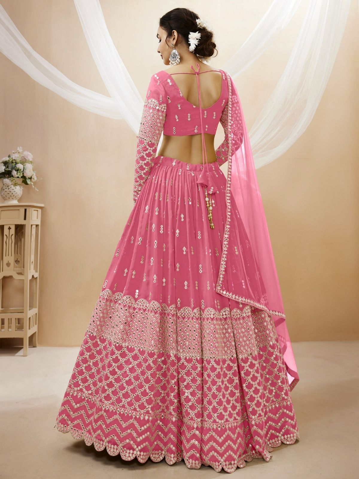 Odette Pink Georgette Embroidered Semi Stitched Lehenga With Unstitched Blouse For Women