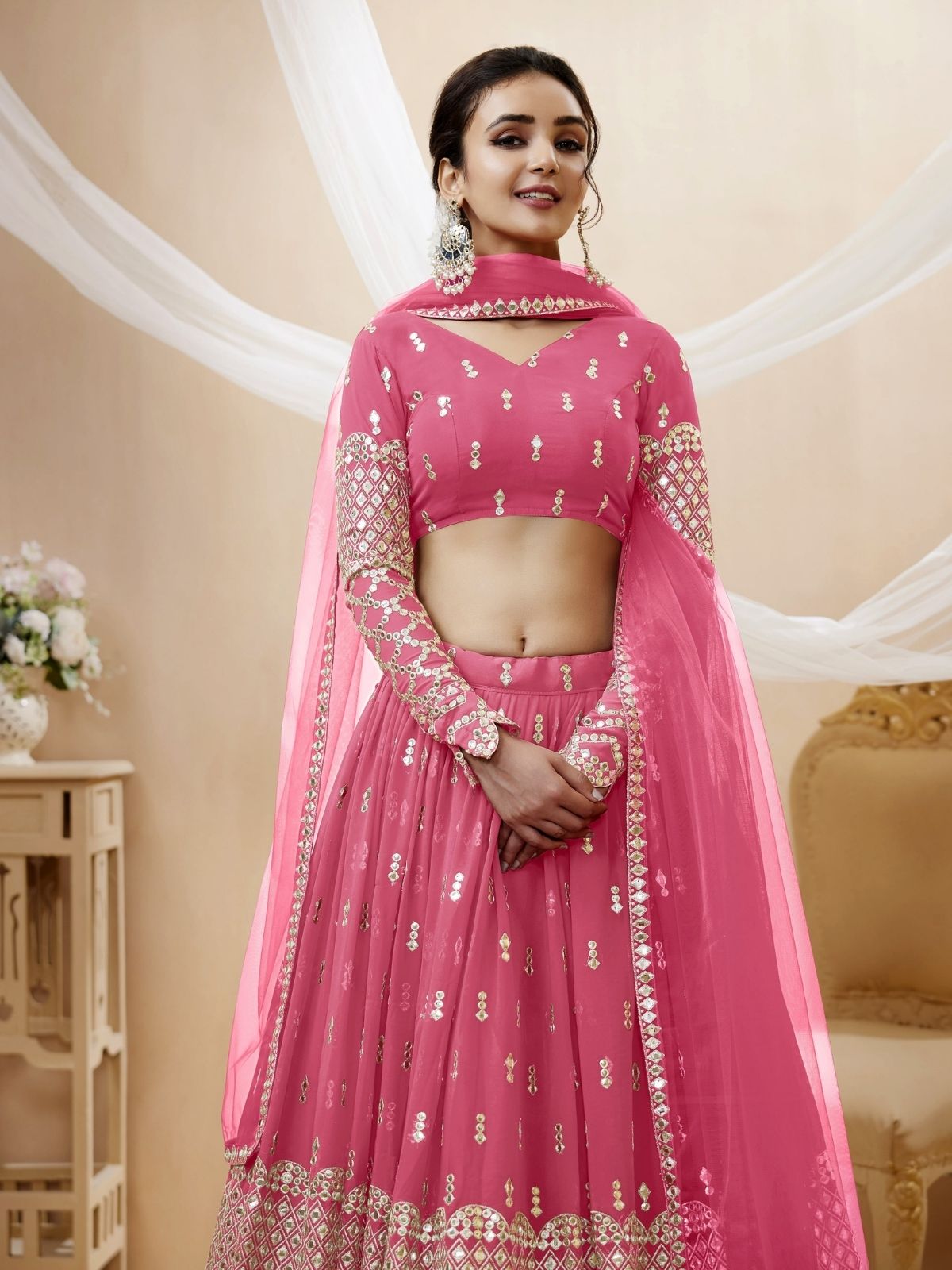 Odette Pink Georgette Embroidered Semi Stitched Lehenga With Unstitched Blouse For Women