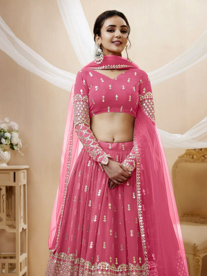 Odette Pink Georgette Embroidered Semi Stitched Lehenga With Unstitched Blouse For Women